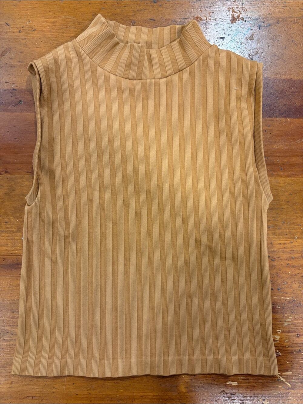 Ribbed Sleeveless Mock Neck Tank Top - Camel